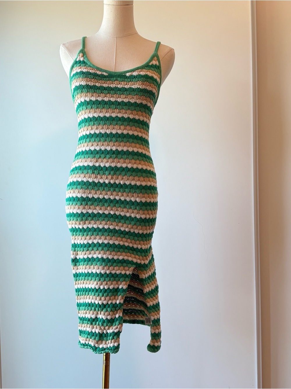 100% Cotton Ardene Green and Cream Crochet Striped Top